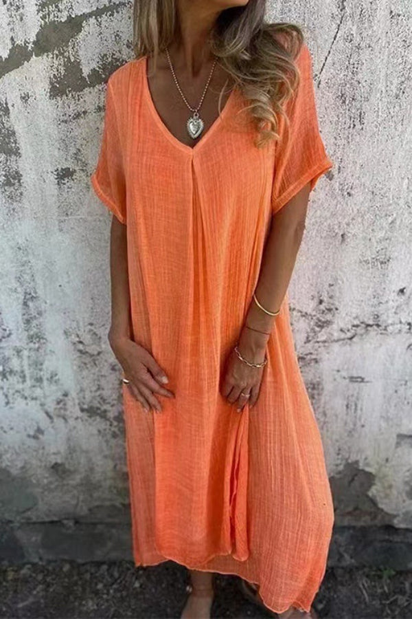 V Neck Loose Fit Cotton Linen Midi Dress
