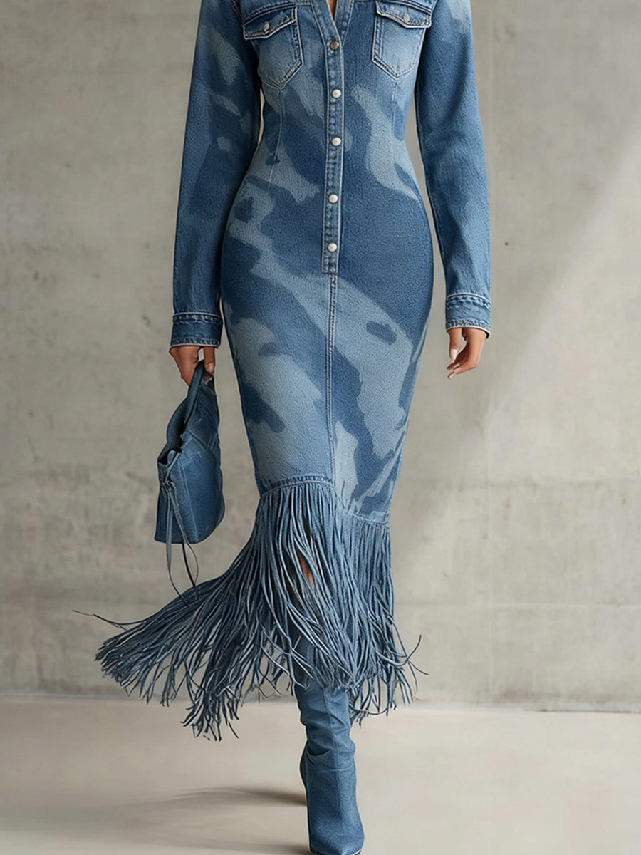 sheenchic Party Blue Camo Shirt Collar Long Sleeve Strappy Vintage Pocket Midi Dresses
