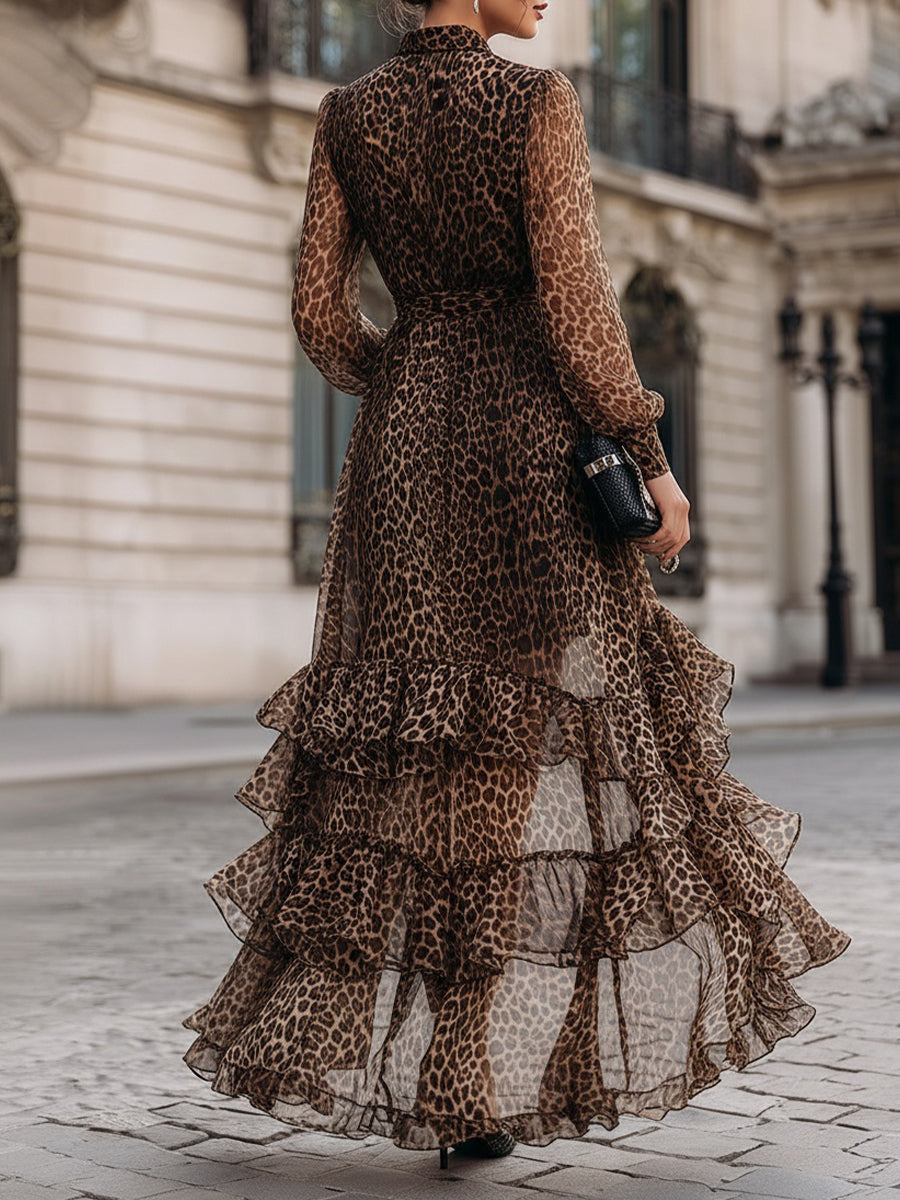 Leopard Print Wrap Midi Dress With Ruffled Hem