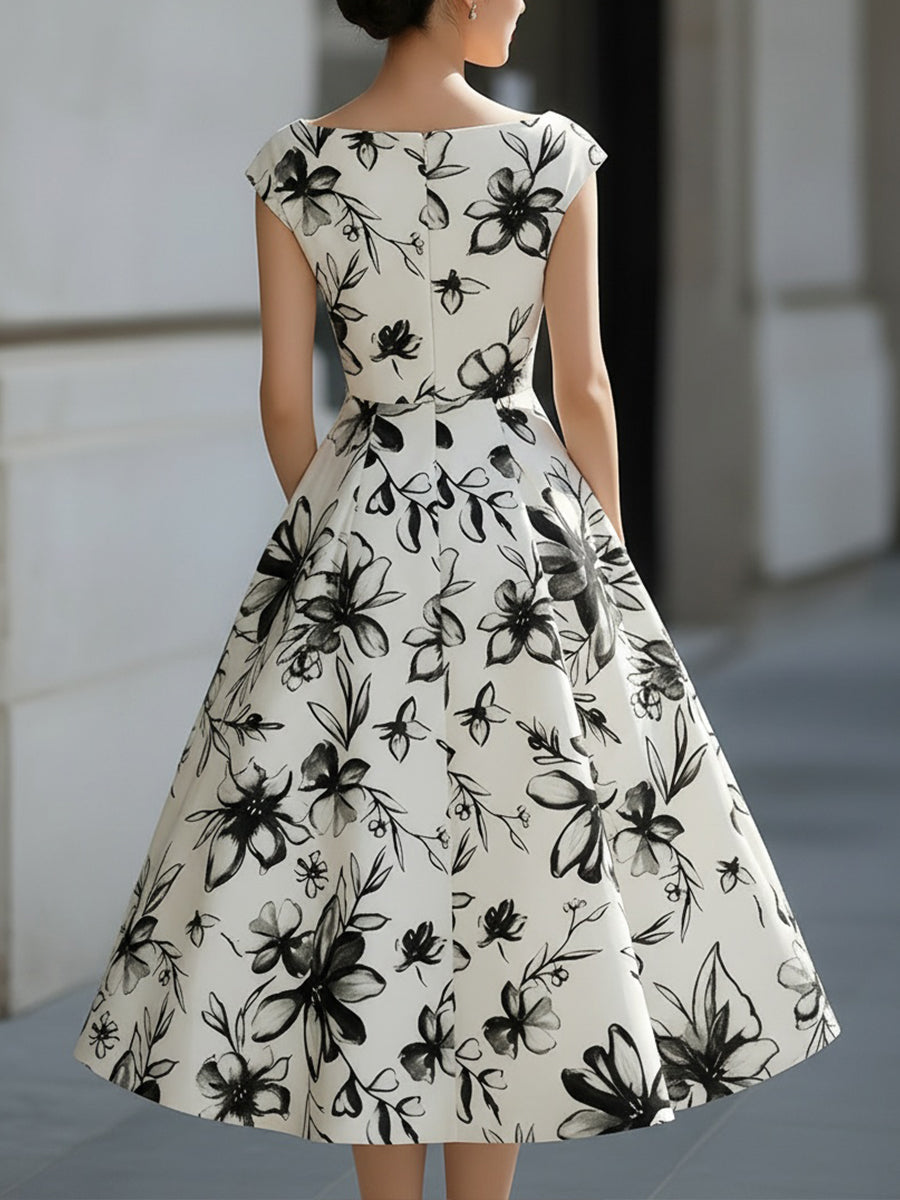 Floral Ink Print Cap Sleeve Midi Dress