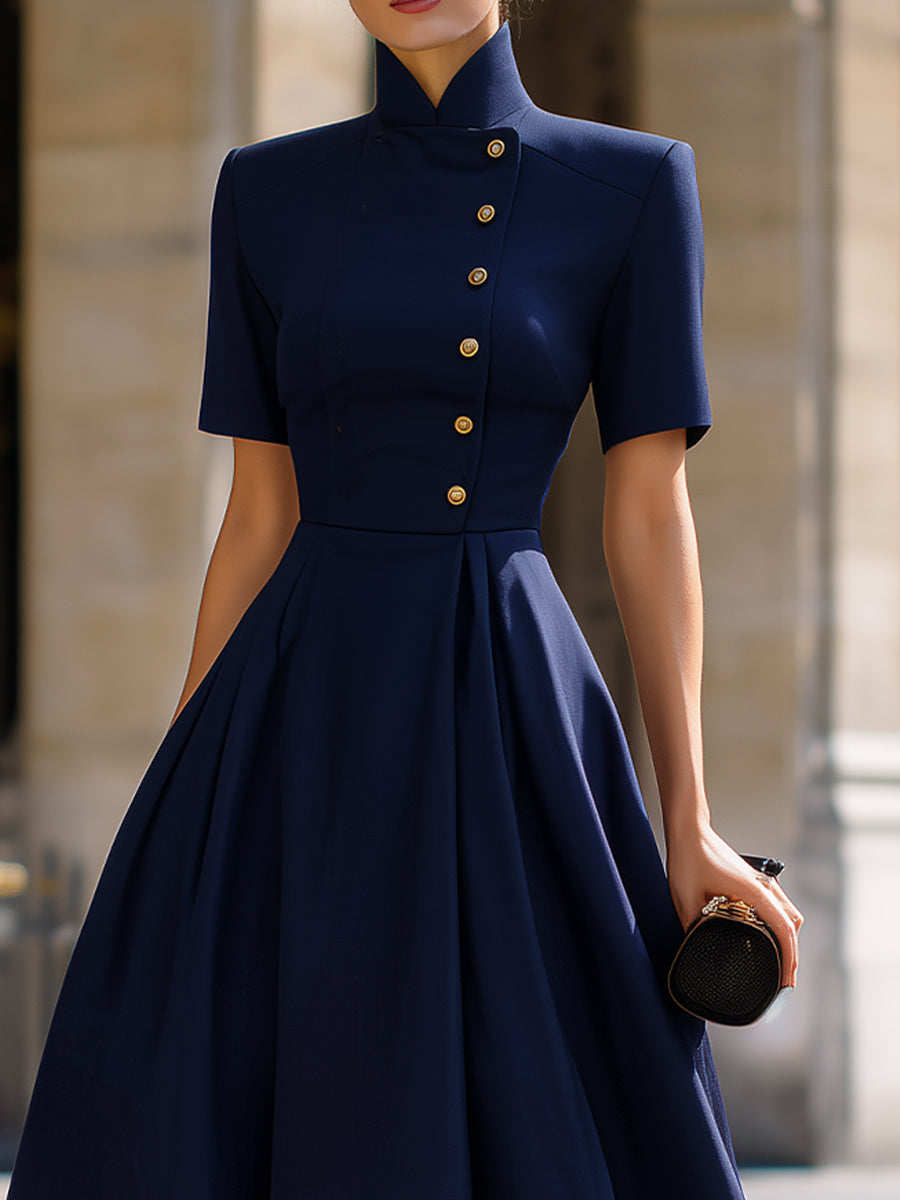 Navy Mandarin Collar Midi Dress