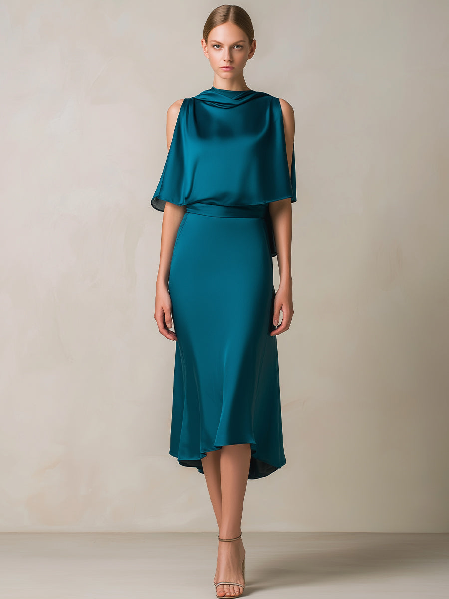 Teal Draped Cape-Sleeve Midi Dress