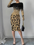 Party Black Leopard Round Neck Long Sleeve Bodycon Casual Midi Dresses