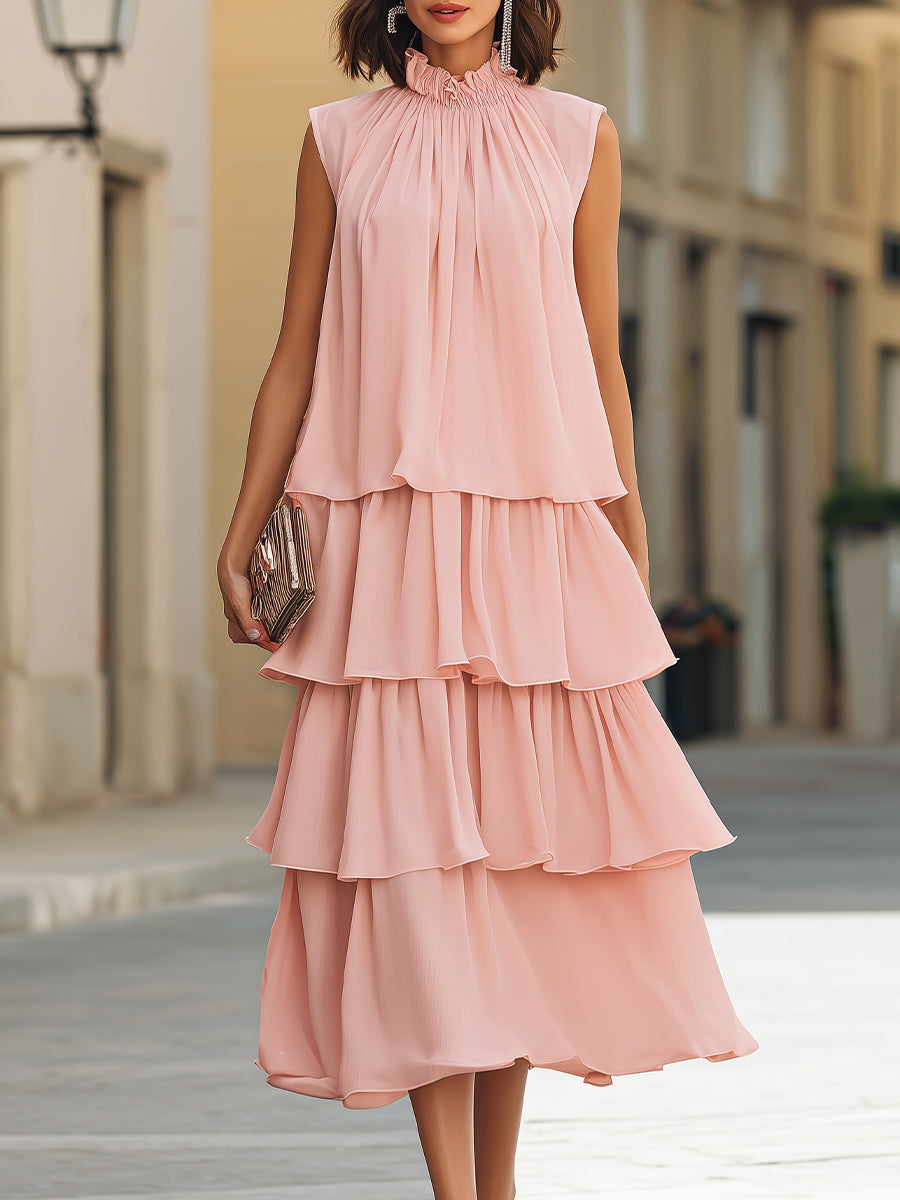 Sleeveless Tiered Ruffle High-Neck Midi Dress