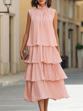 Sleeveless Tiered Ruffle High-Neck Midi Dress