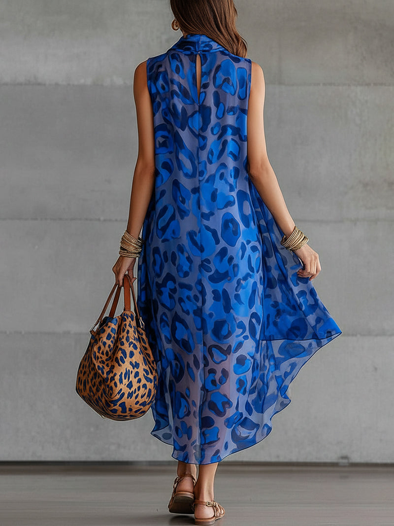 Royal Blue Leopard Print Chiffon High-Low Dress