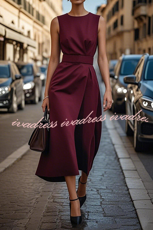 Solid Color Sleeveless Round Neck Casual Midi Dress