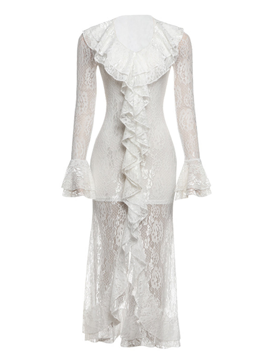 Daily White V Neck Long Sleeve Ruffle Casual Asymmetric Hem Lace Midi Dresses