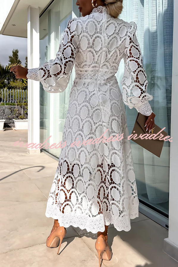 Romantic. Sensual and Elegant Crochet Lace Lantern Sleeve Party Midi Dress