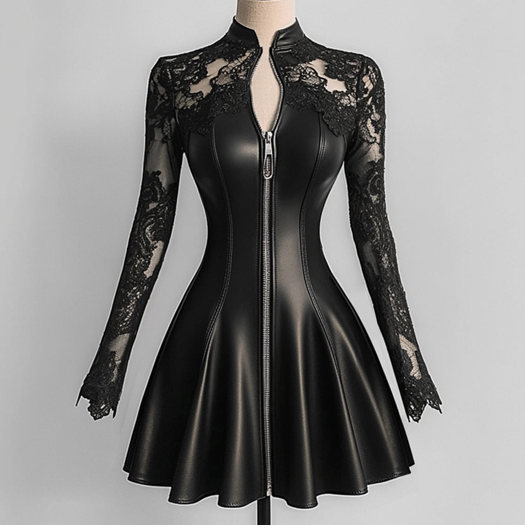 sheenchic PU Leather Lace Long Sleeve Zipper Mini Dress