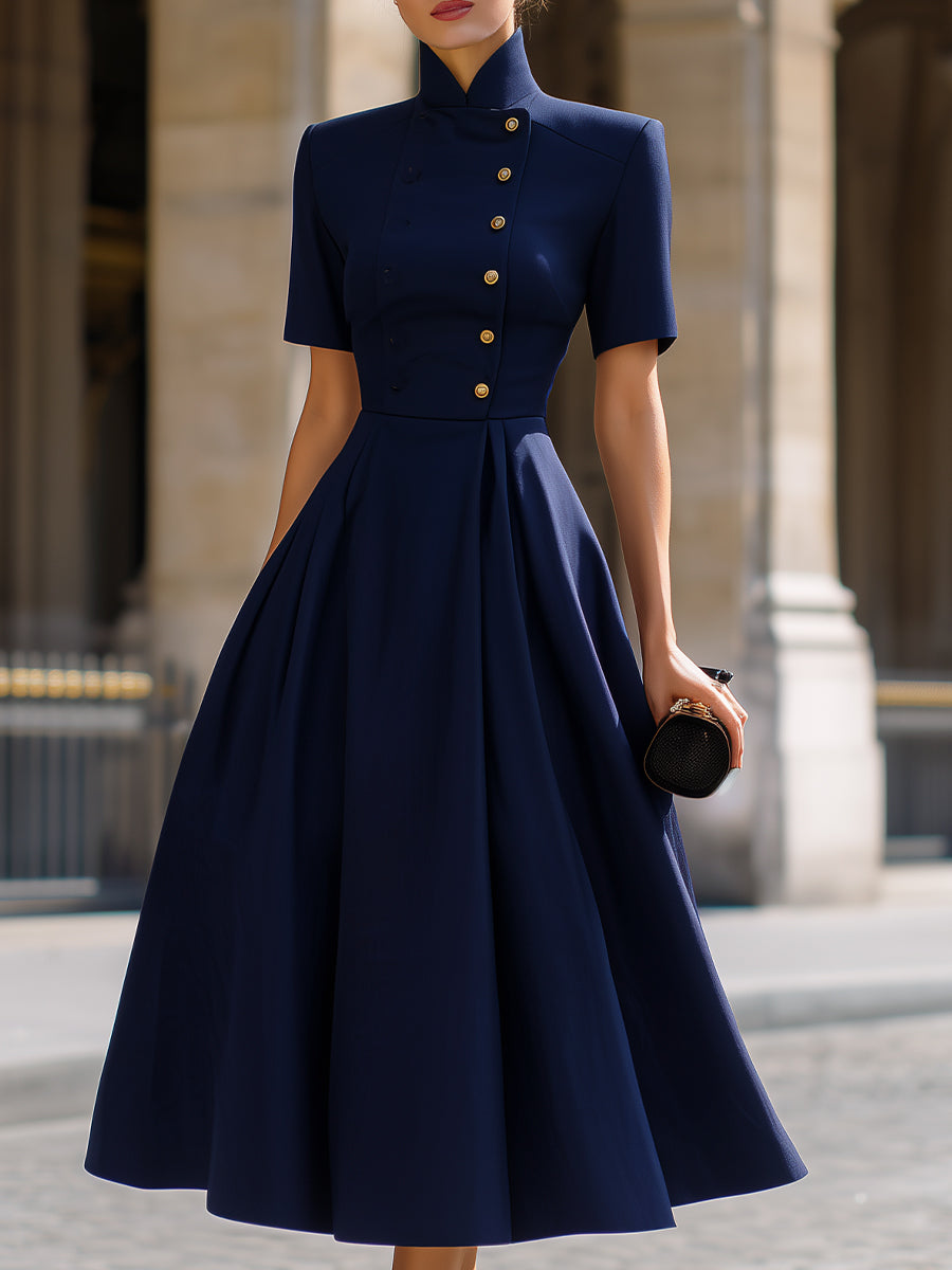 Navy Mandarin Collar Midi Dress