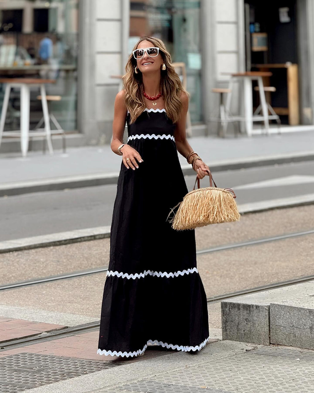 Sling Solid Color Wave Midi Dress