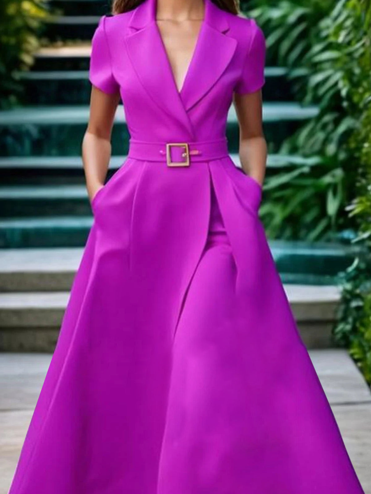 sheenchic Elegant Lapel Collar Belt Pocket Short Sleeve Midi Dress