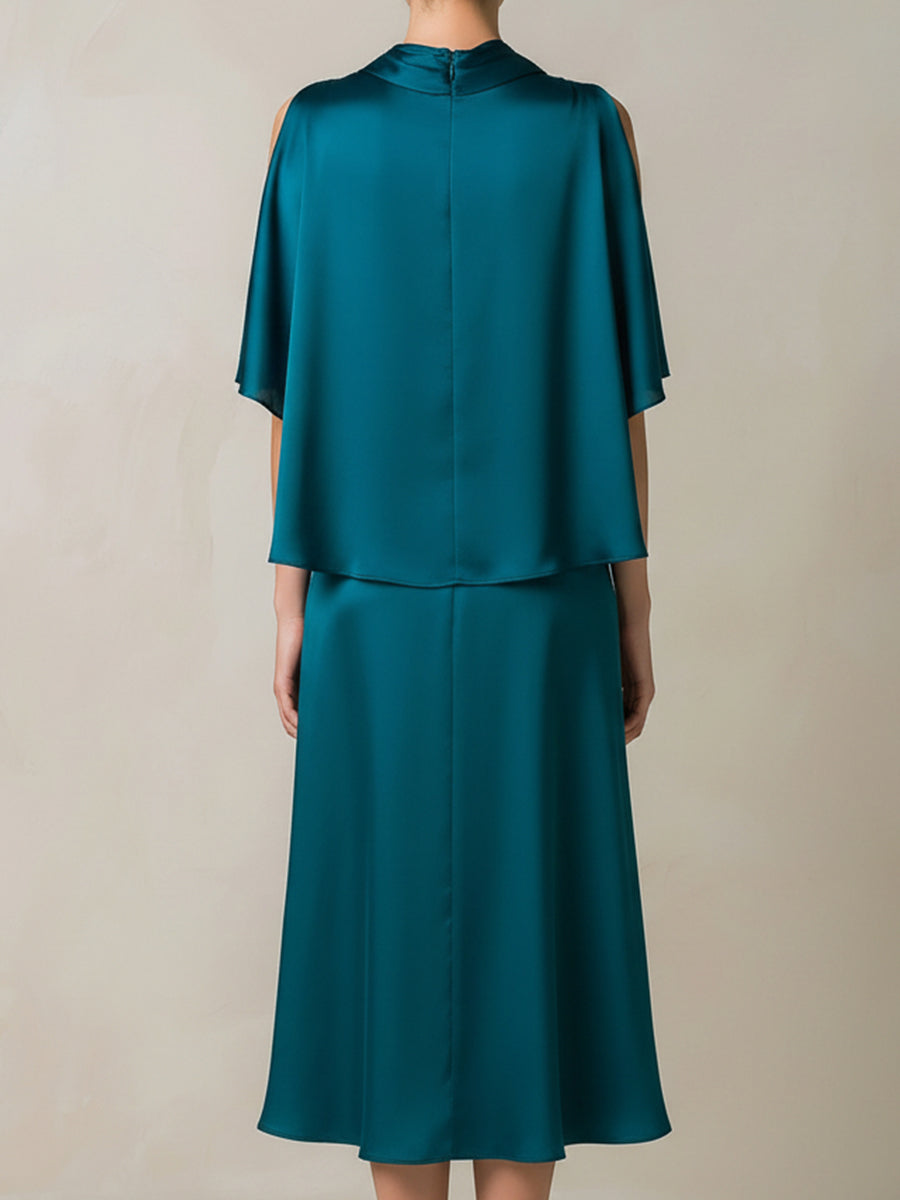 Teal Draped Cape-Sleeve Midi Dress