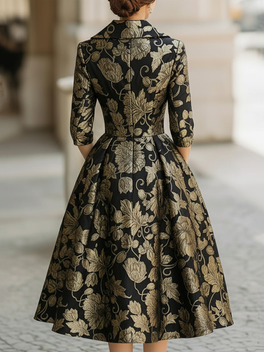 Mooyius Black & Gold Jacquard Floral Midi Dress