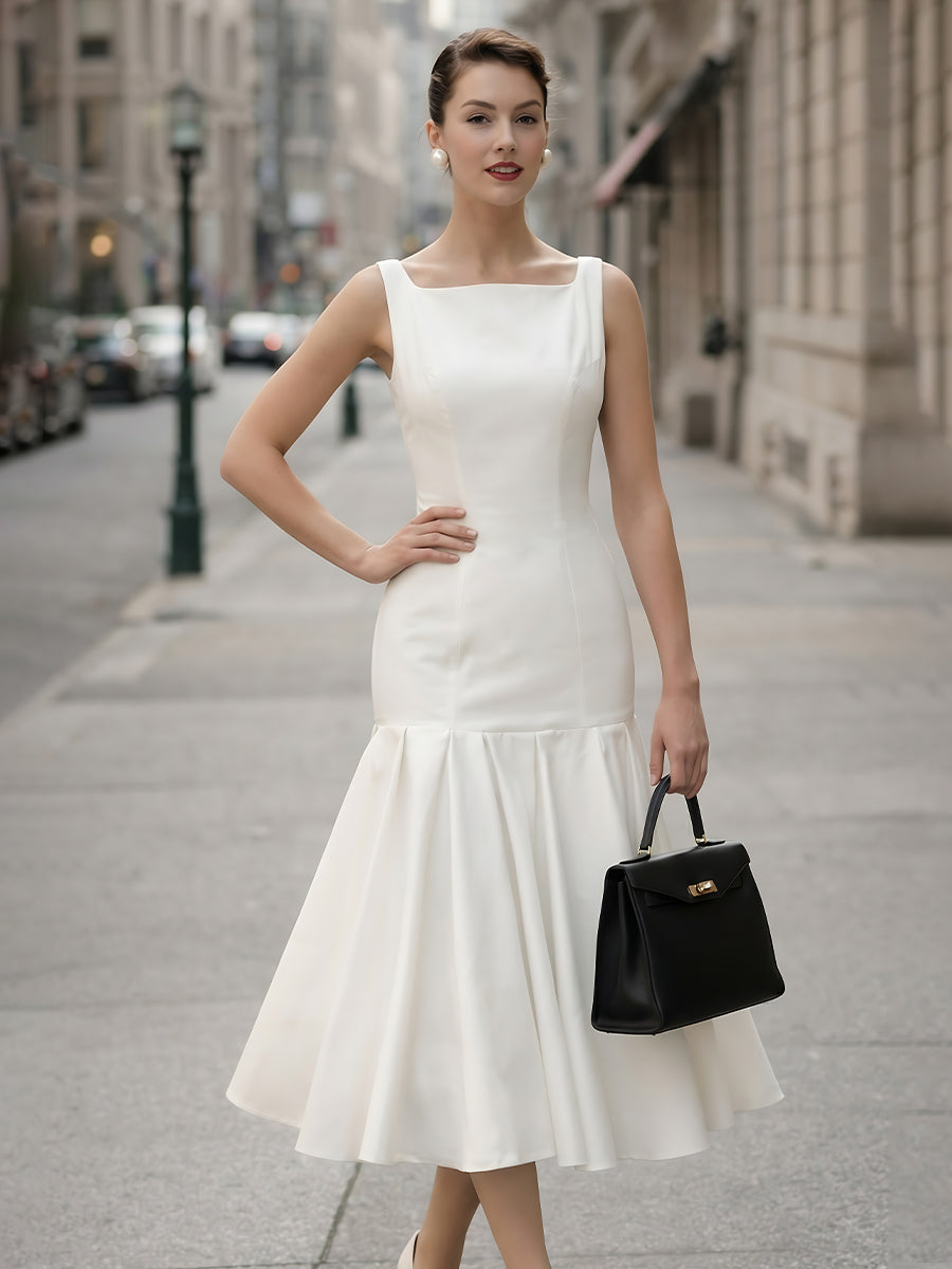 Square-Neck Fitted Midi Dress With Flared Hem