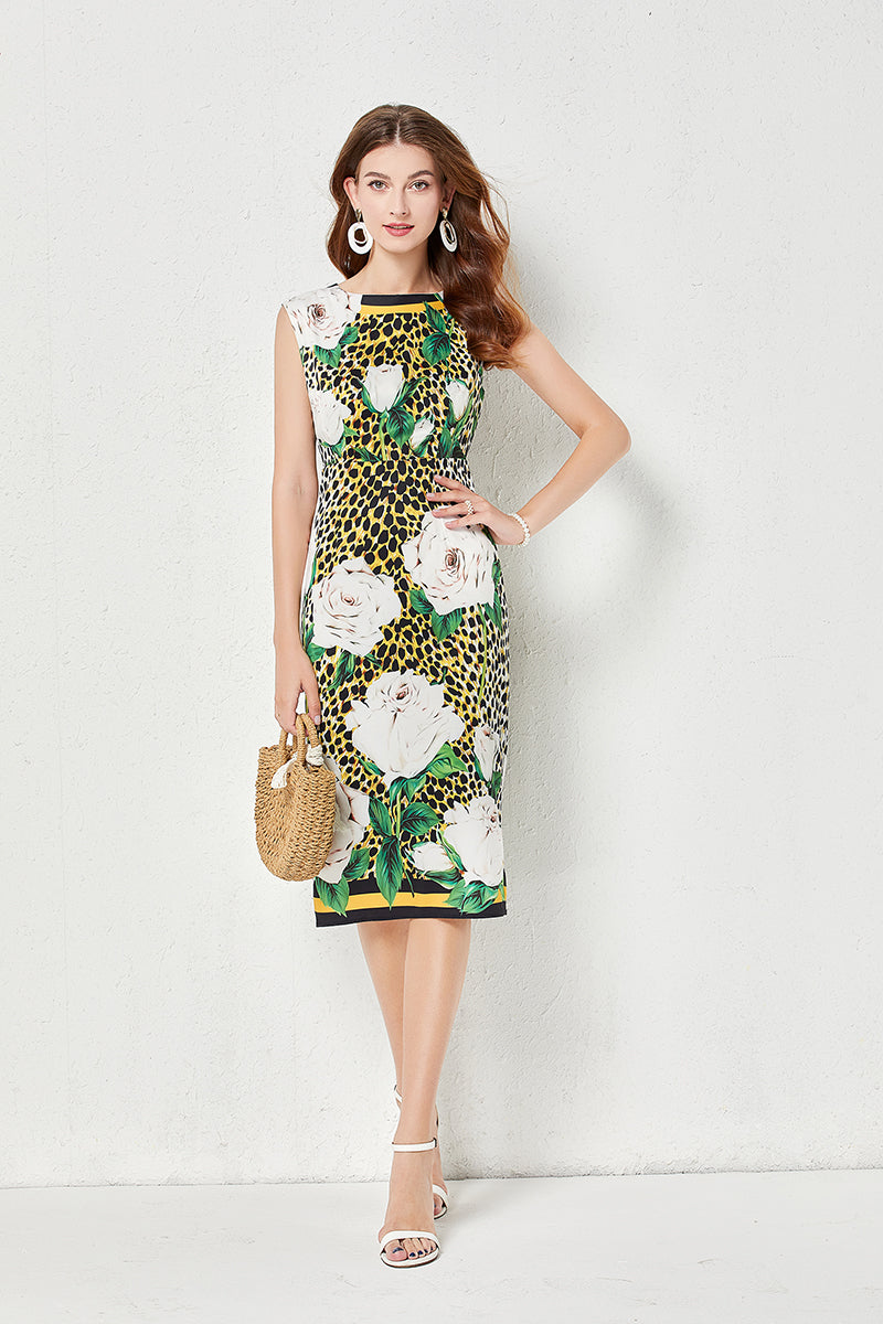 Vacation Crew Neck Floral A Line Midi Dress