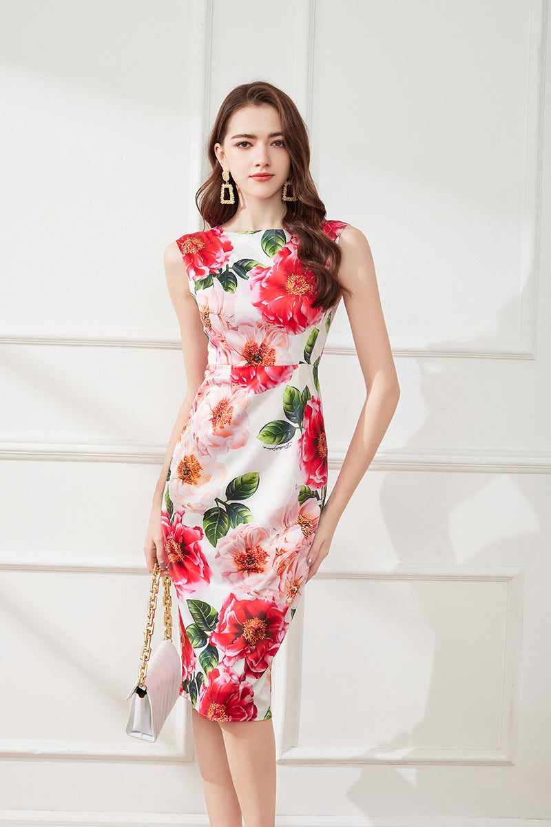 Vacation Crew Neck Floral A Line Midi Dress