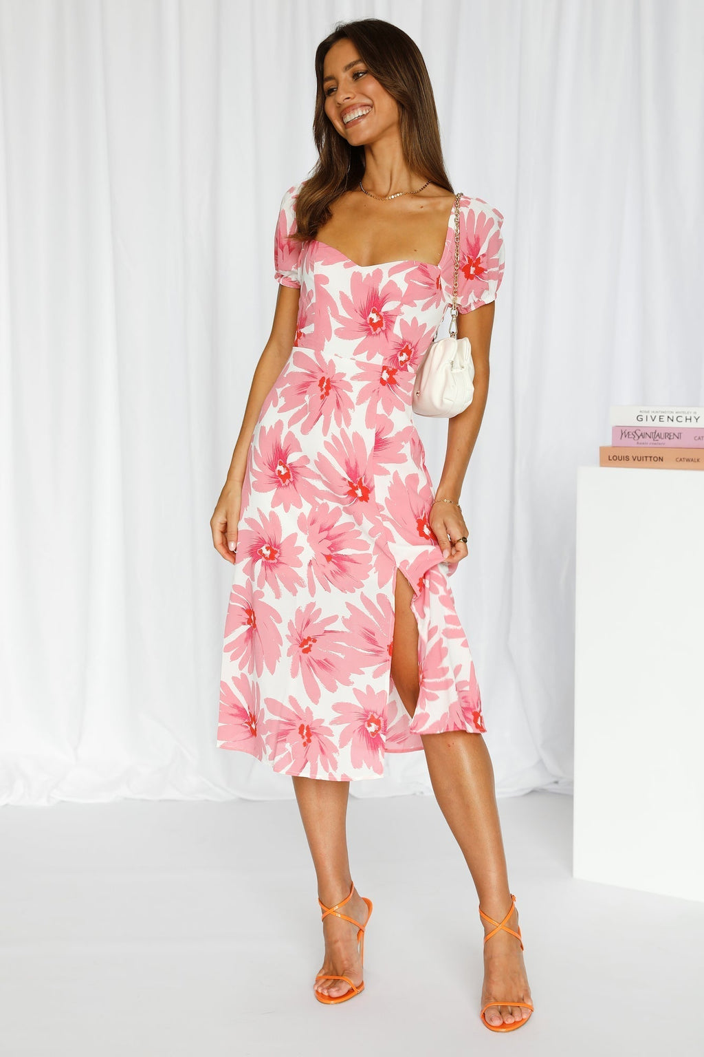 Short-sleeved Casual Sweet Square Neck High Waist Midi Dress
