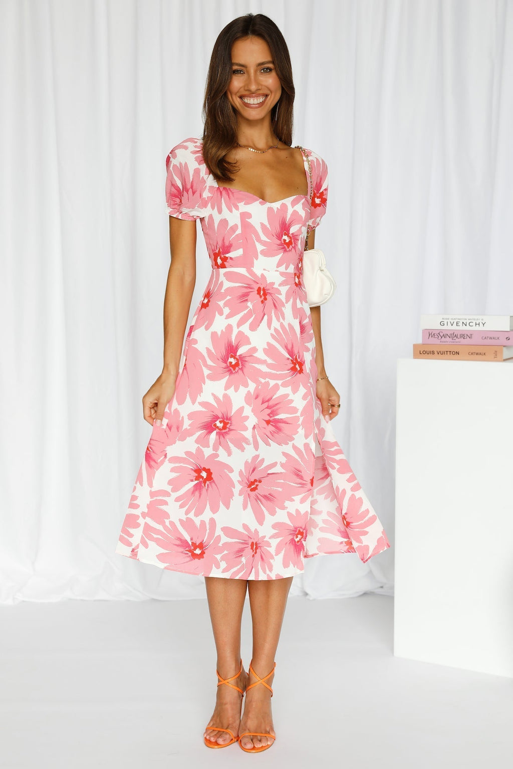 Short-sleeved Casual Sweet Square Neck High Waist Midi Dress