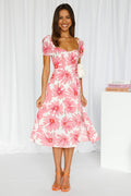 Short-sleeved Casual Sweet Square Neck High Waist Midi Dress