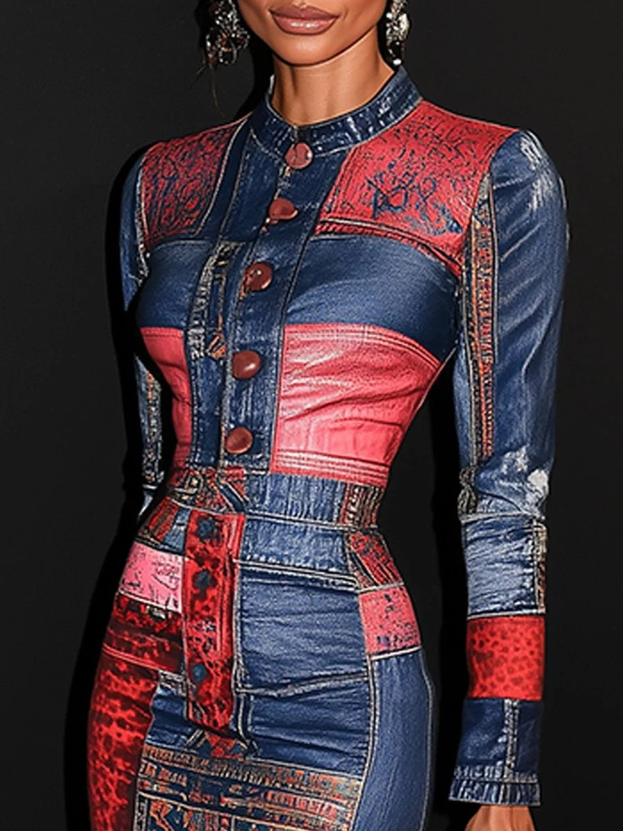 sheenchic Daily Blue Denim Print High Collar Long Sleeve Bodycon Casual Midi Dresses [Pre-Order]
