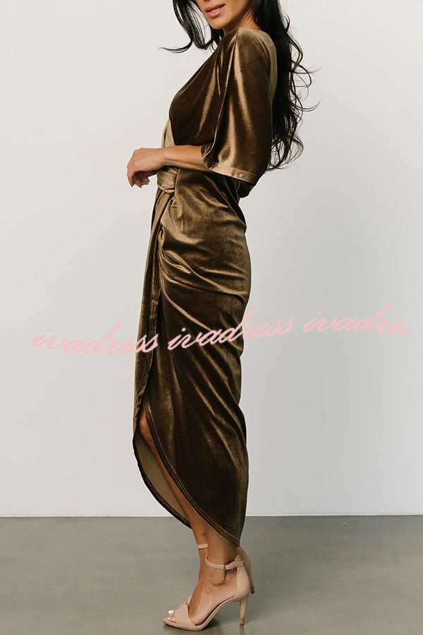 Brendy V Neck Half Sleeve Velvet Pleated Midi Dress