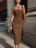 Square Neck Leopard Print Midi Dress