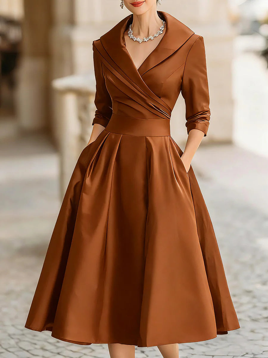 Business Casual Black Cascade Front Long Sleeve Ruffled Elegant Satin Midi Dresses