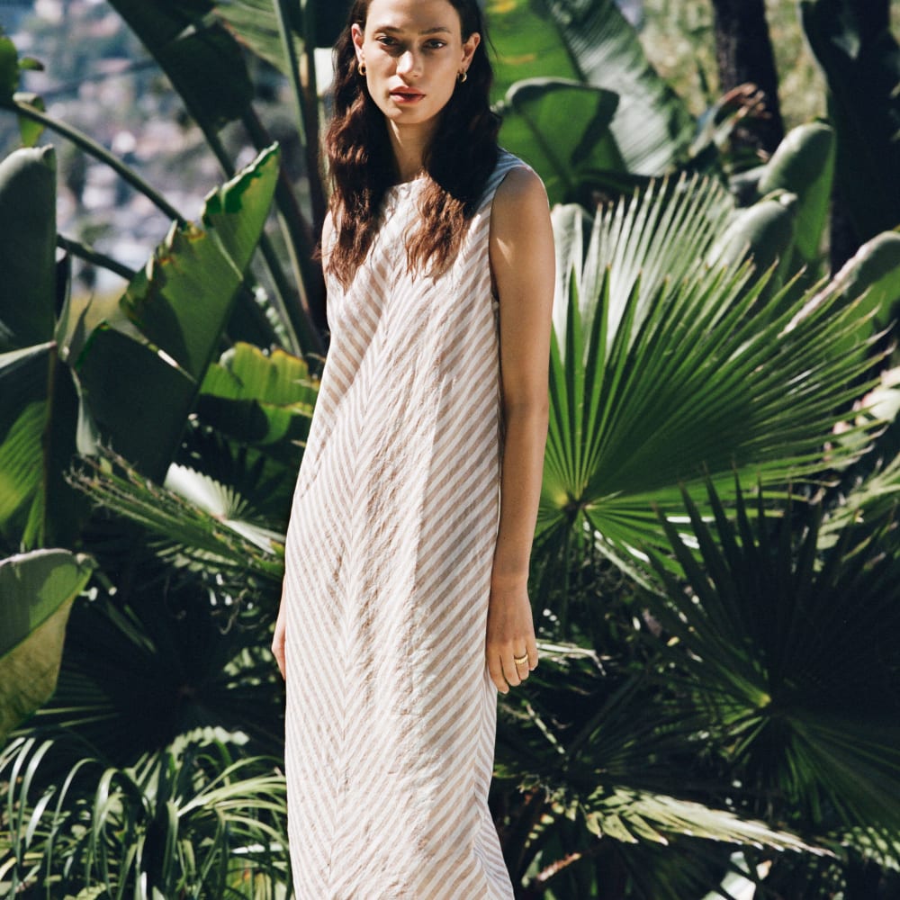 The Linen Bias Cut Dress | Bone / Caramel