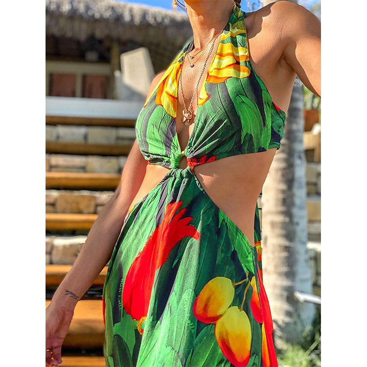 Halter Lace up Printed Midi Dress