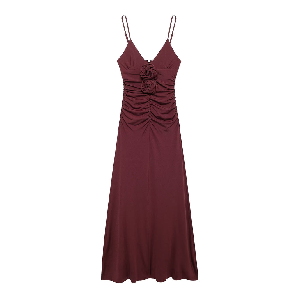 French Floral Decoration V Neck Midi Dress