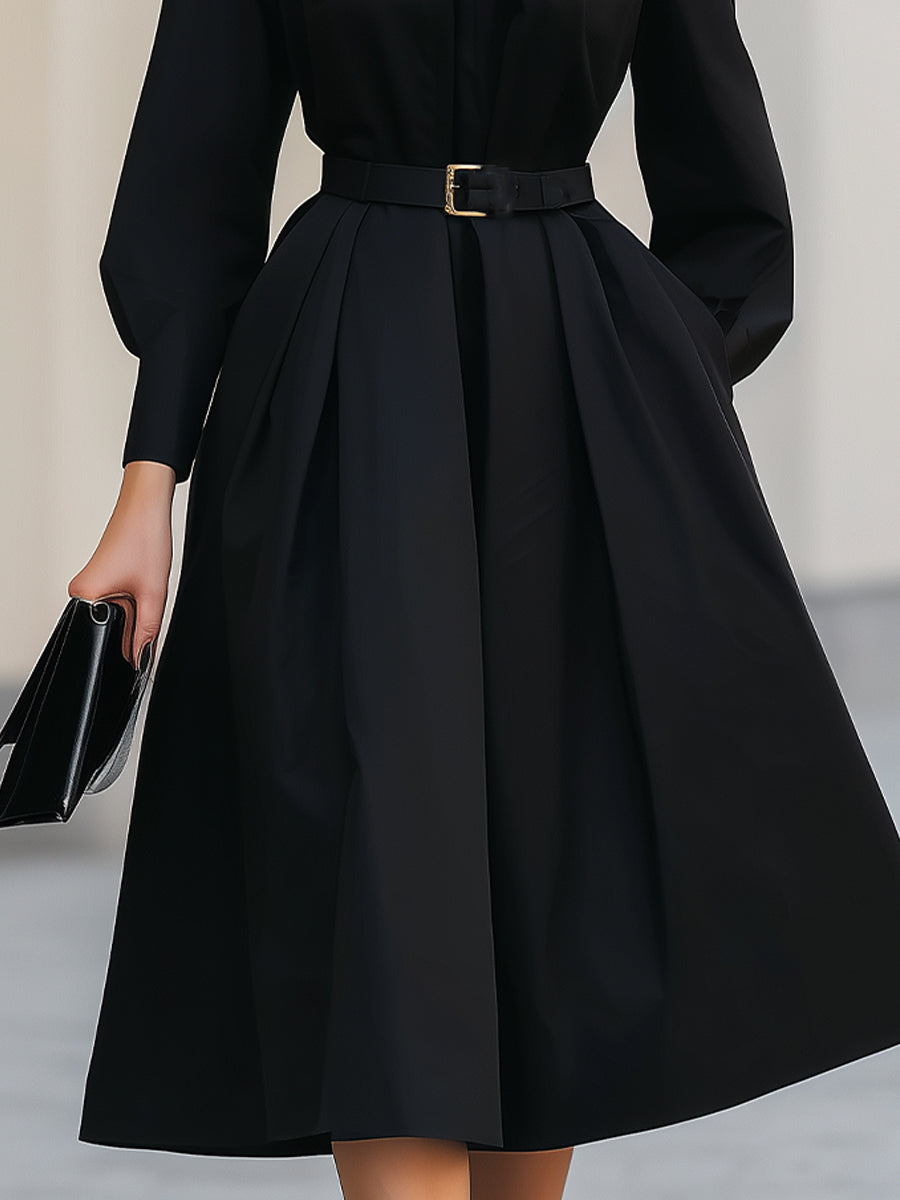 Black Shirt Collar Midi Dress