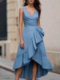 Sleeveless V-Neck Wrap Midi Dress With Asymmetric Ruffle Hem