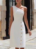 One-Shoulder Ruched Button-Detail Midi Dress