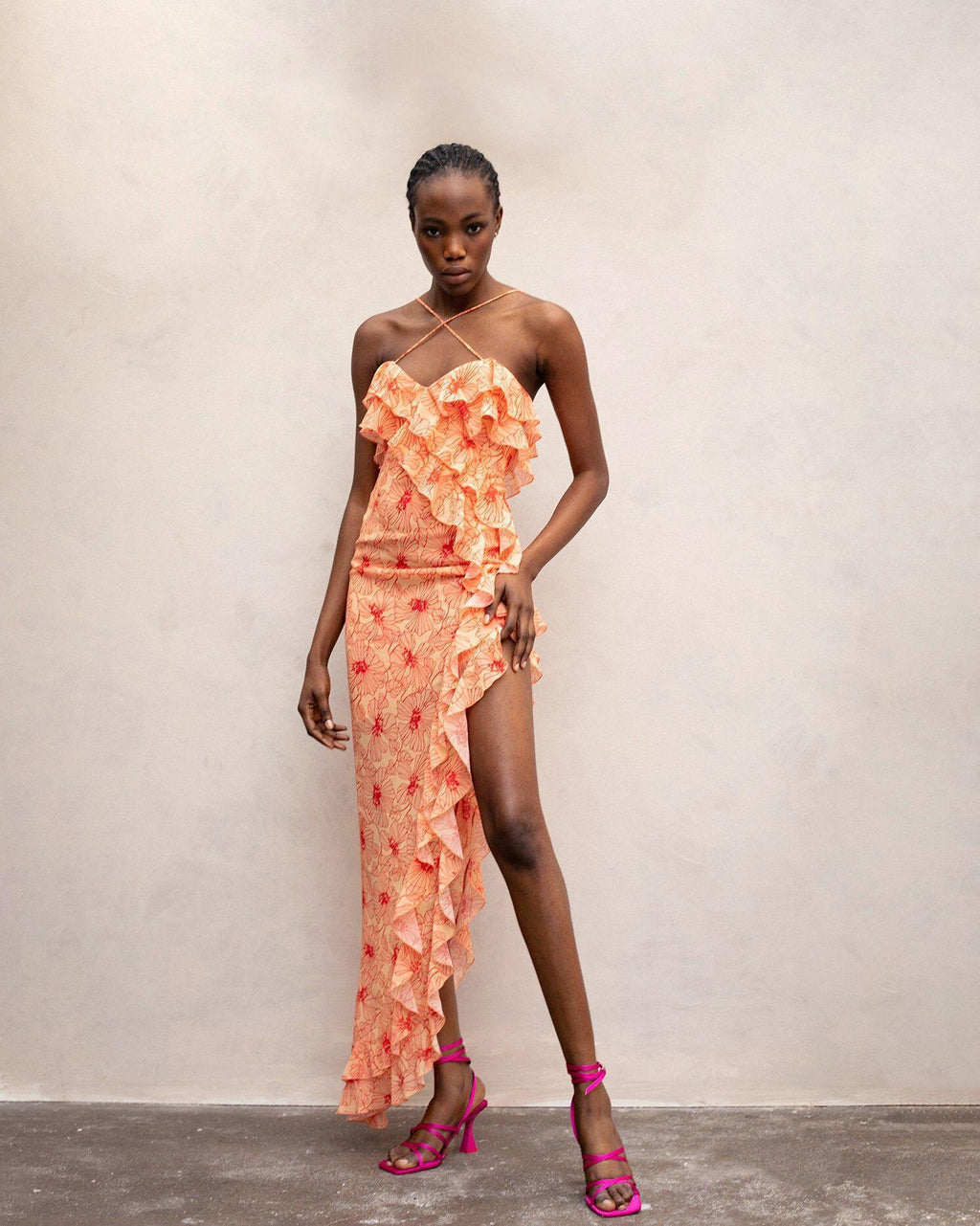 Romantic Ruffled Floral Slit Midi Dress