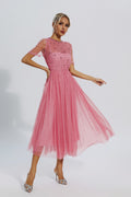 Clementine Pink Mesh Diamond Midi Dress