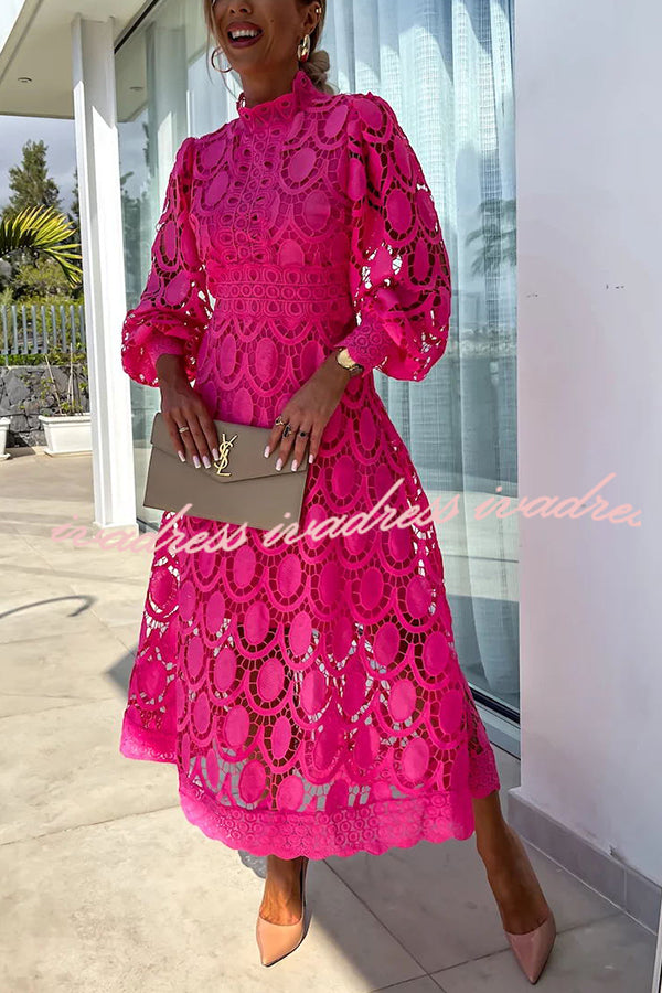 Romantic. Sensual and Elegant Crochet Lace Lantern Sleeve Party Midi Dress