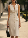 Elegant Sleeveless Button-Down Plain Midi Dress