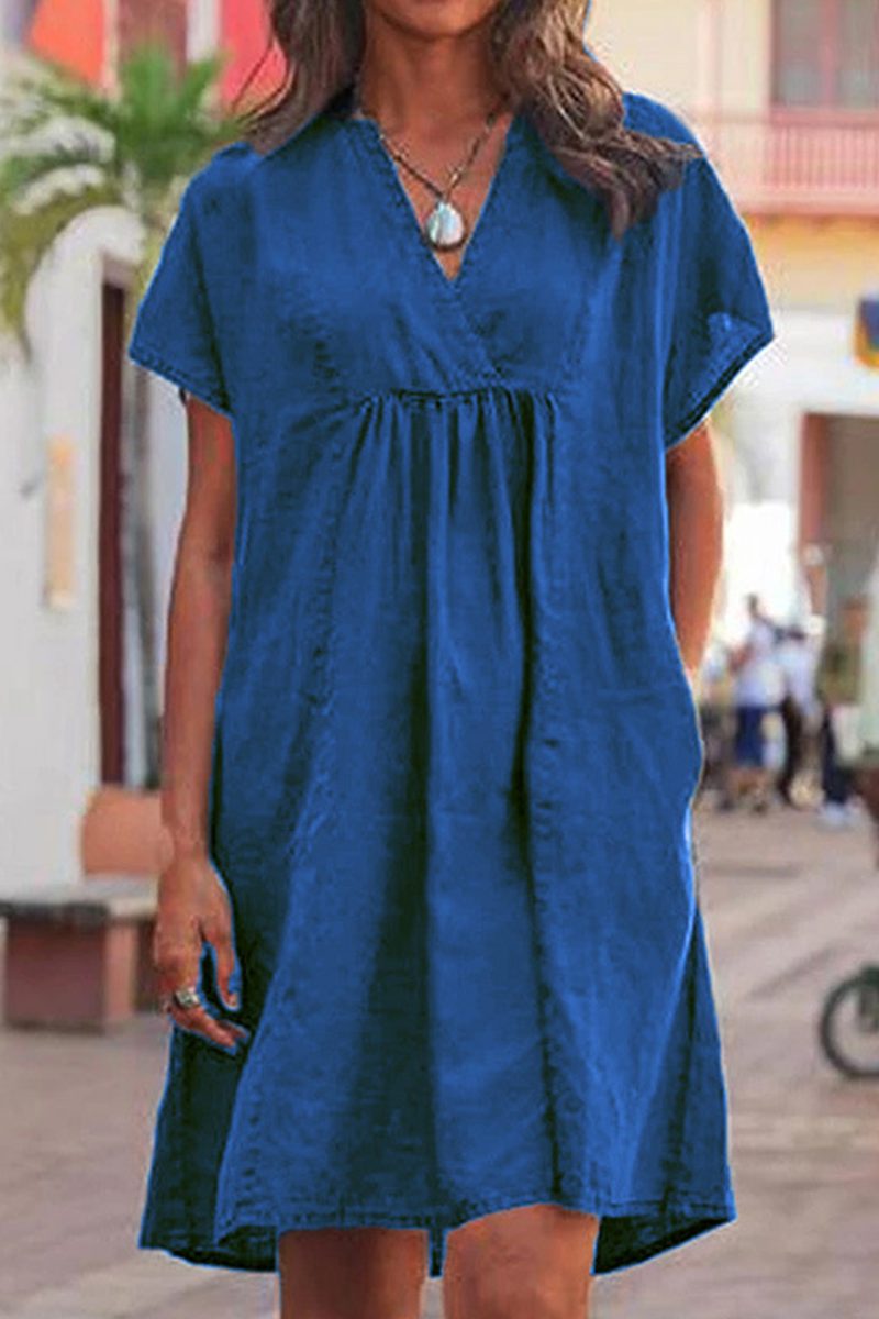 Casual Solid Patchwork V Neck Short Sleeve Dress Dresses(5 Colors)