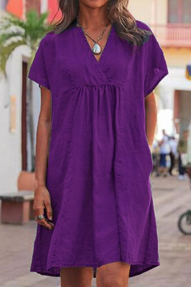 Casual Solid Patchwork V Neck Short Sleeve Dress Dresses(5 Colors)