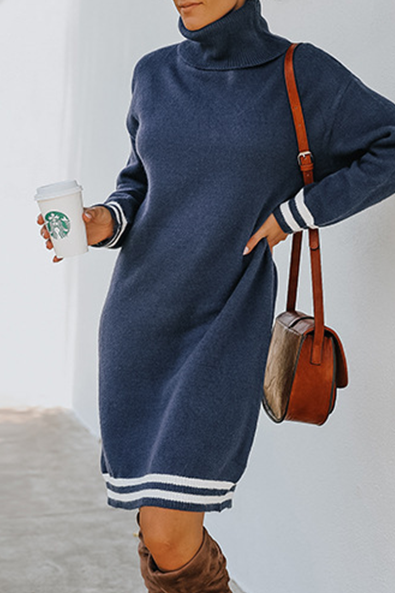 Casual Striped Basic Turtleneck Dresses