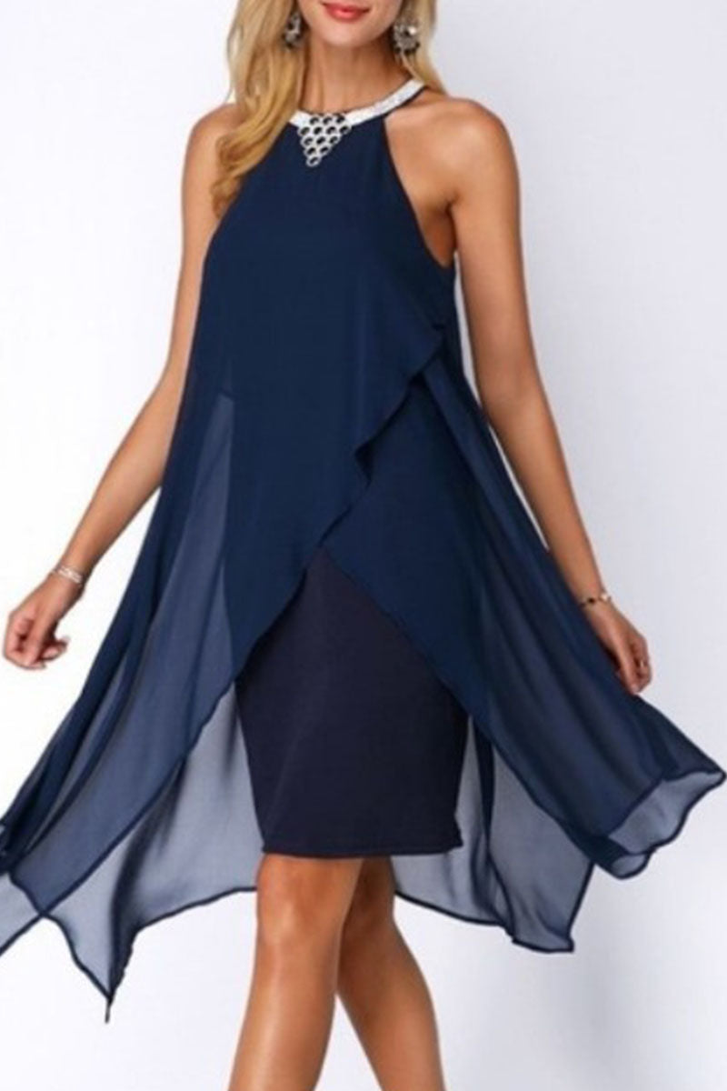 Fashion Street Solid Patchwork O Neck Pencil Skirt Dresses(4 Colors)