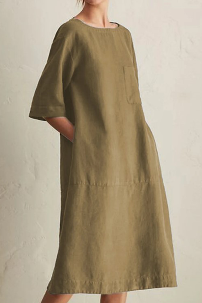 Casual Solid Patchwork Pocket O Neck A Line Dresses(6 Colors)
