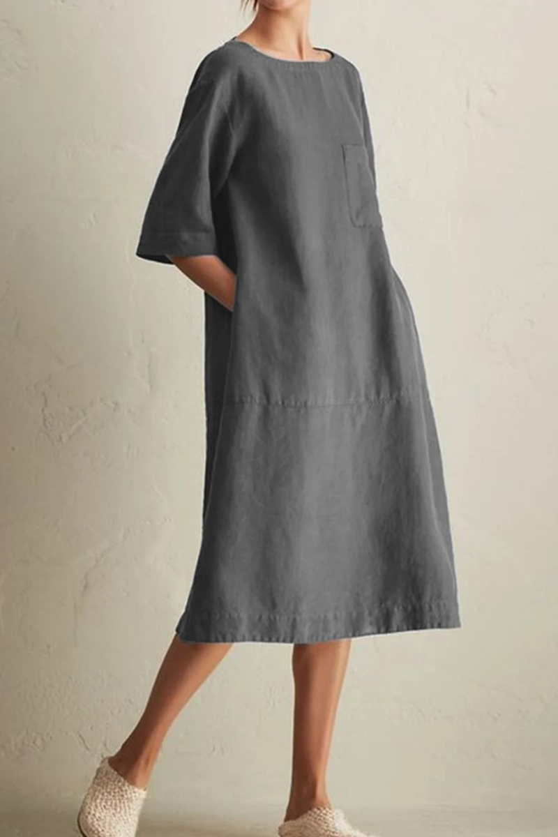 Casual Solid Patchwork Pocket O Neck A Line Dresses(6 Colors)