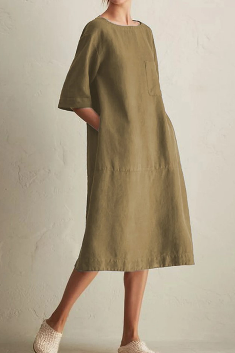 Casual Solid Patchwork Pocket O Neck A Line Dresses(6 Colors)