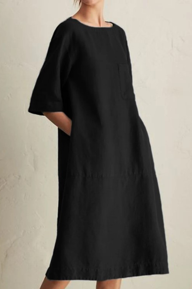 Casual Solid Patchwork Pocket O Neck A Line Dresses(6 Colors)