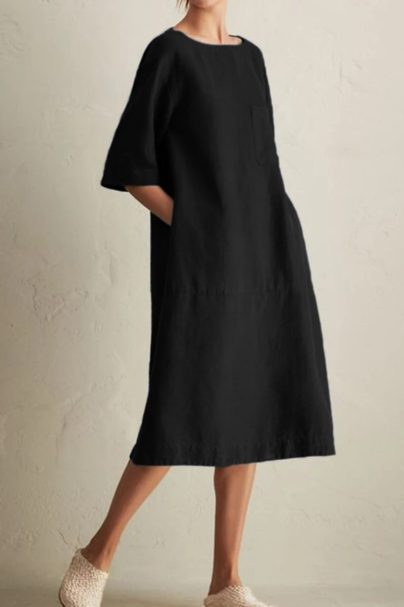 Casual Solid Patchwork Pocket O Neck A Line Dresses(6 Colors)