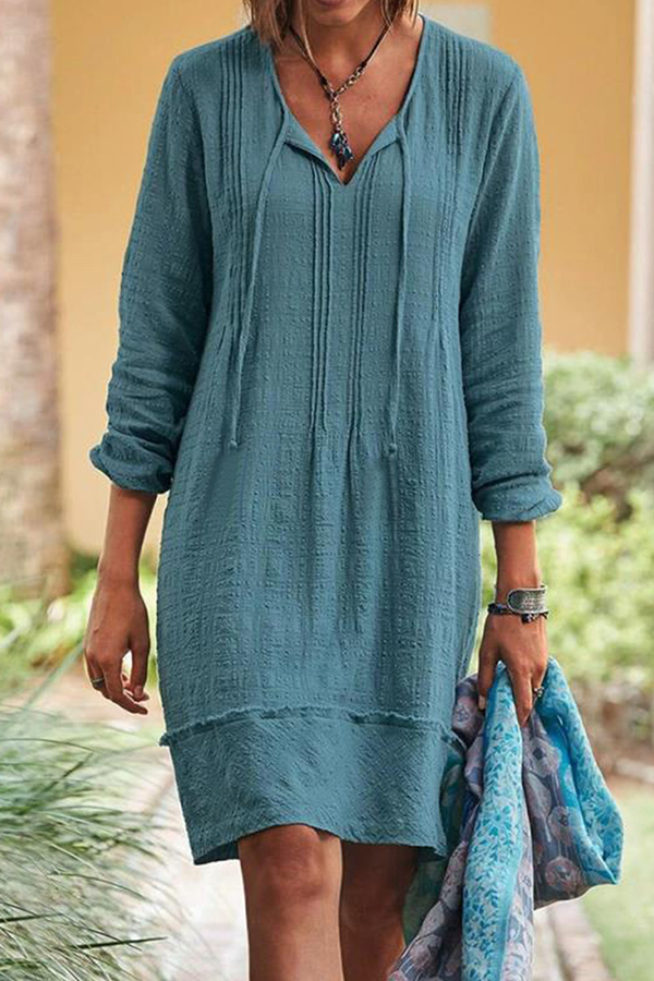 Casual Solid Patchwork Frenulum V Neck Dresses(5 Colors)