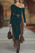 Stylish Slant Collar Long Sleeve Slim Fit Tassel Midi Dress